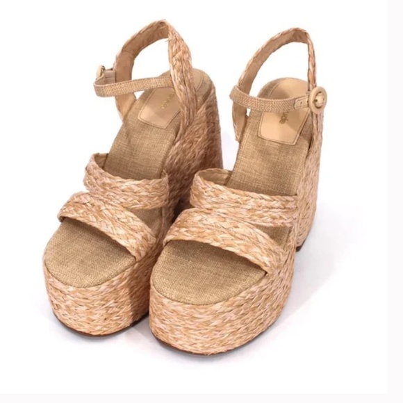 NEW Larroude Carmen 145mm Raffia Platform Sandals Size 9 Natural Beige Open Toe - Picture 1 of 11